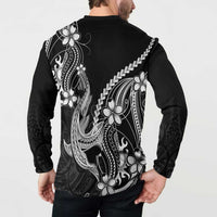 Black Aloha Hawaii Button Sweatshirt Polynesian Shark Tattoo With Plumeria LT14 - Polynesian Pride