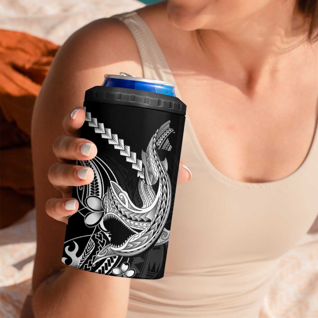 Black Aloha Hawaii 4 in 1 Can Cooler Tumbler Polynesian Shark Tattoo With Plumeria - Polynesian Pride
