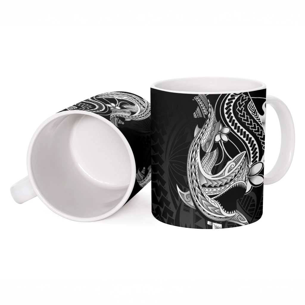 Black Aloha Hawaii Ceramic Mug Polynesian Shark Tattoo With Plumeria LT14 - Polynesian Pride