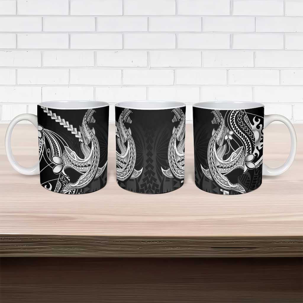 Black Aloha Hawaii Ceramic Mug Polynesian Shark Tattoo With Plumeria LT14 - Polynesian Pride
