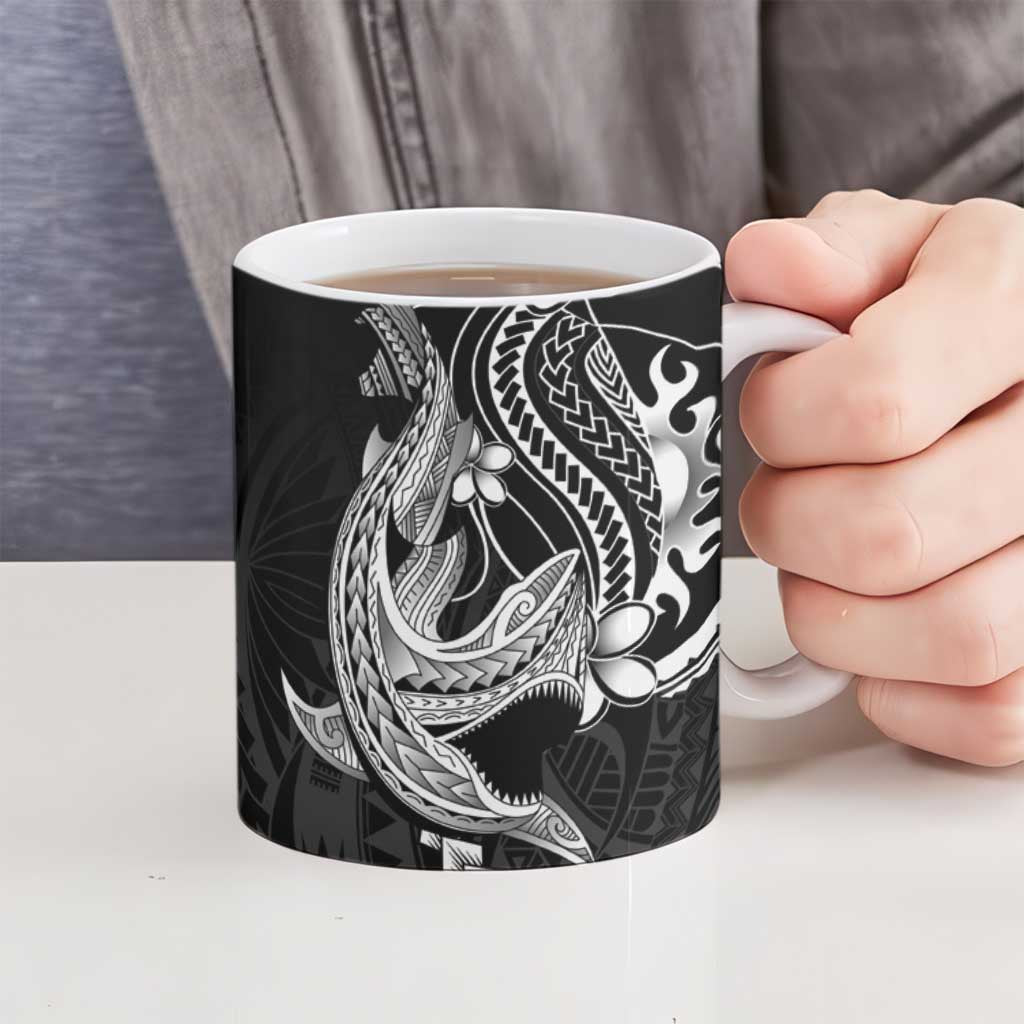 Black Aloha Hawaii Ceramic Mug Polynesian Shark Tattoo With Plumeria LT14 - Polynesian Pride