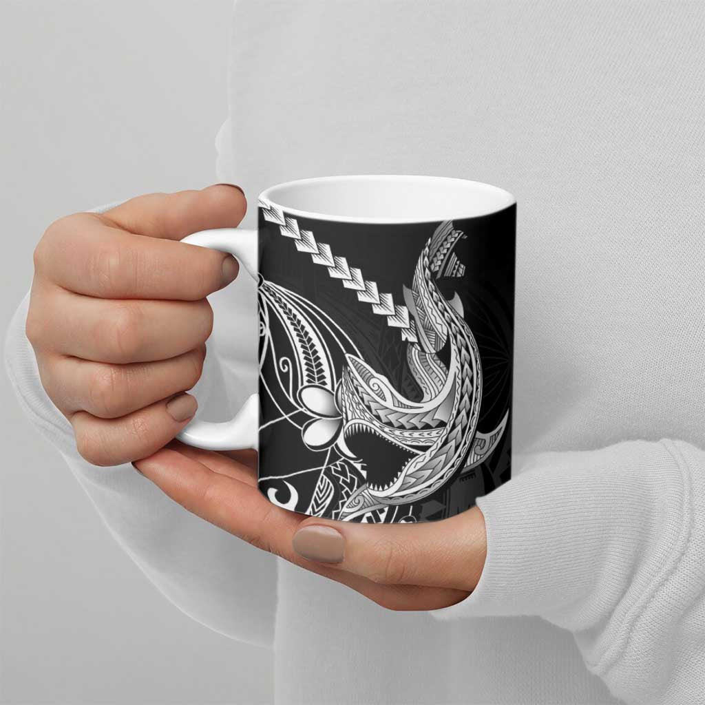 Black Aloha Hawaii Ceramic Mug Polynesian Shark Tattoo With Plumeria LT14 - Polynesian Pride