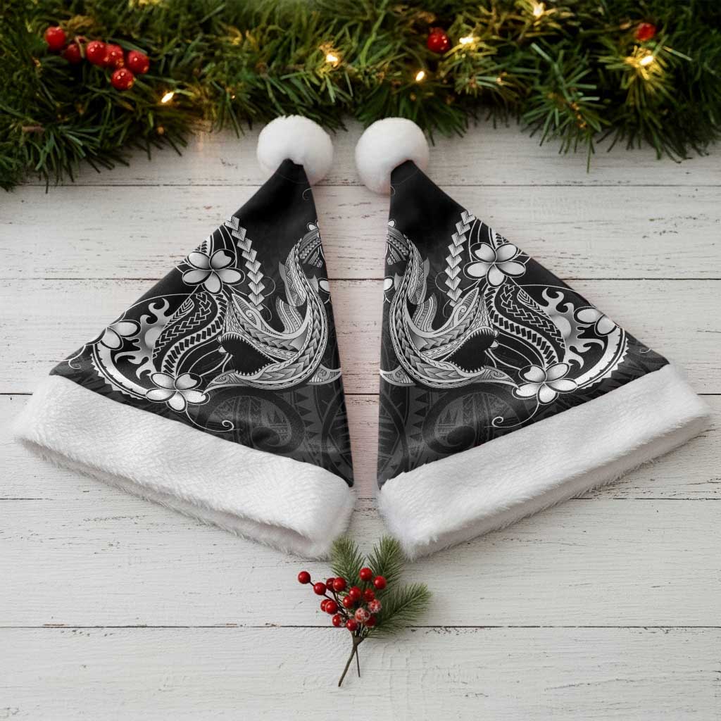 Black Aloha Hawaii Christmas Santa Hat Polynesian Shark Tattoo With Plumeria - Polynesian Pride