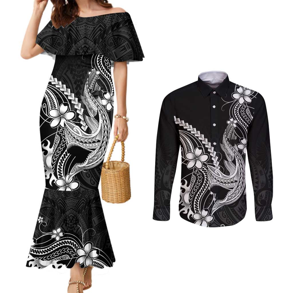 Black Aloha Hawaii Couples Matching Mermaid Dress and Long Sleeve Button Shirt Polynesian Shark Tattoo With Plumeria - Polynesian Pride
