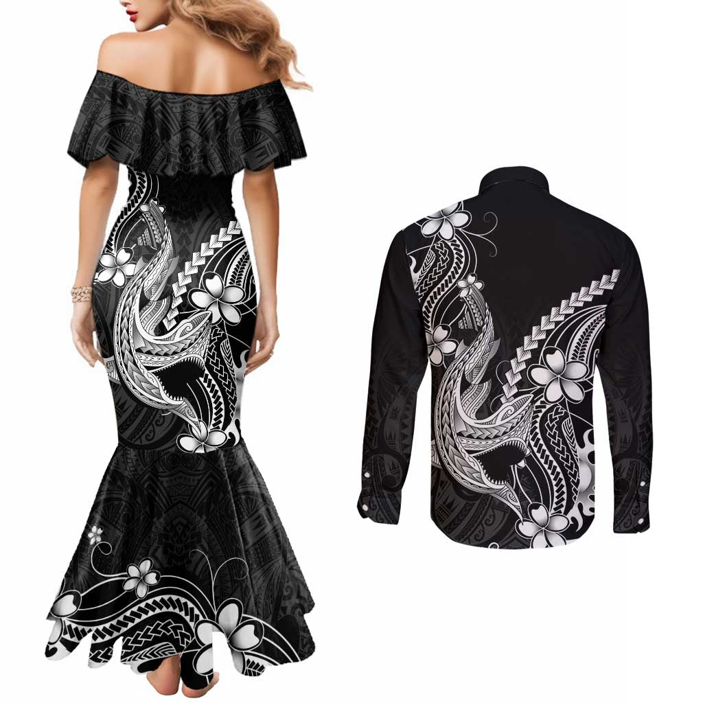 Black Aloha Hawaii Couples Matching Mermaid Dress and Long Sleeve Button Shirt Polynesian Shark Tattoo With Plumeria - Polynesian Pride