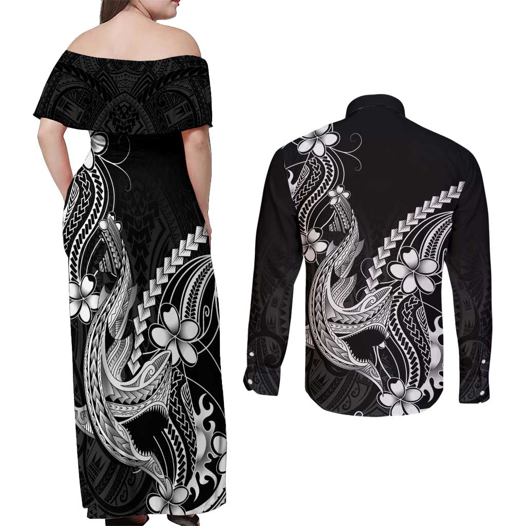 Black Aloha Hawaii Couples Matching Off Shoulder Maxi Dress and Long Sleeve Button Shirt Polynesian Shark Tattoo With Plumeria - Polynesian Pride