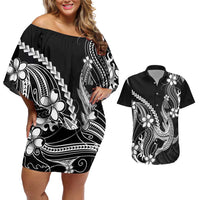 Black Aloha Hawaii Couples Matching Off Shoulder Short Dress and Hawaiian Shirt Polynesian Shark Tattoo With Plumeria - Polynesian Pride