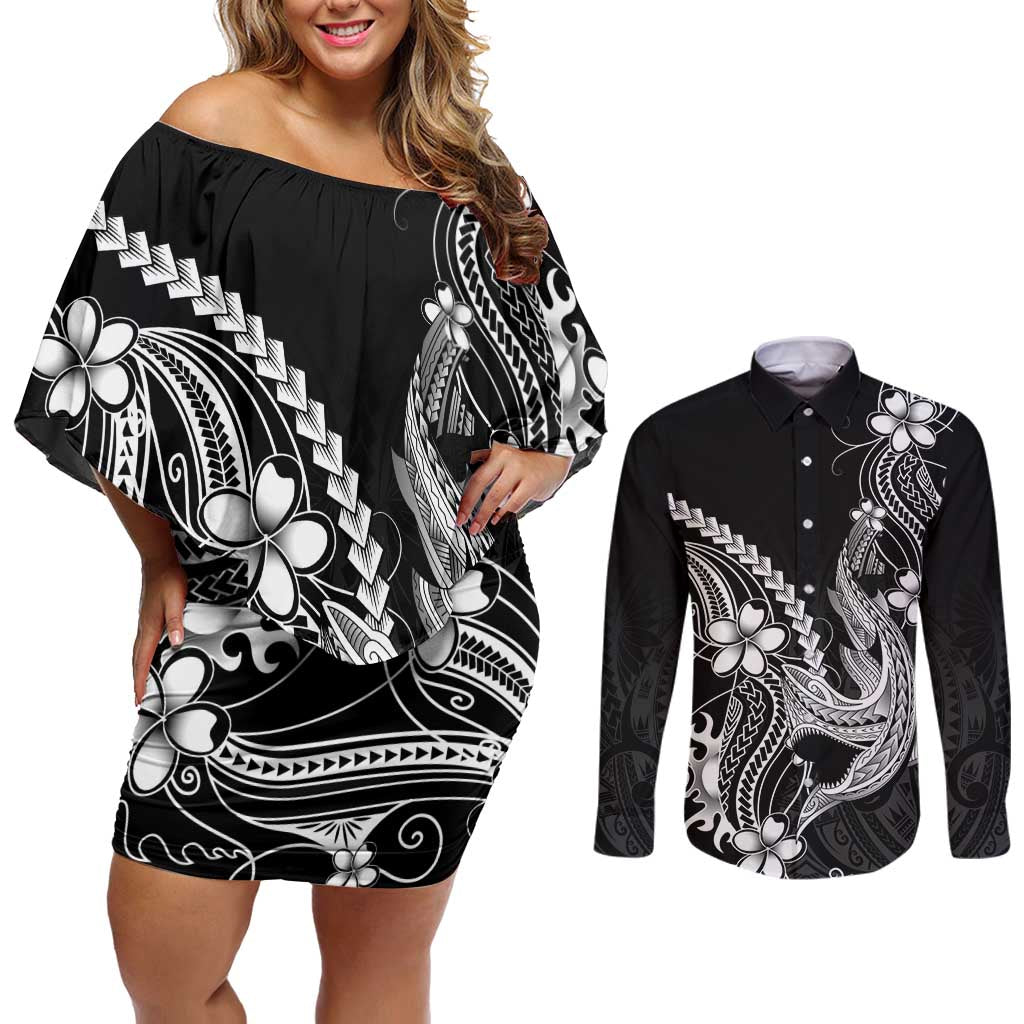 Black Aloha Hawaii Couples Matching Off Shoulder Short Dress and Long Sleeve Button Shirt Polynesian Shark Tattoo With Plumeria - Polynesian Pride