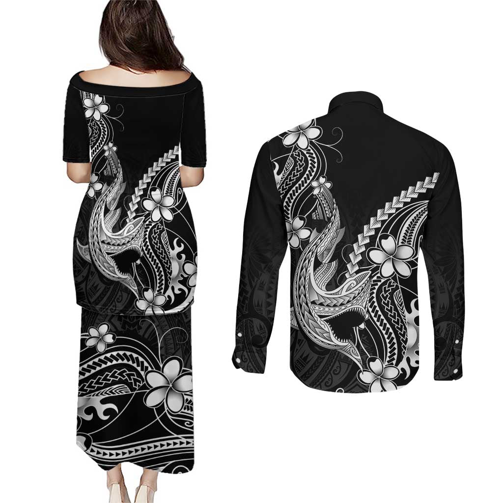 Black Aloha Hawaii Couples Matching Puletasi and Long Sleeve Button Shirt Polynesian Shark Tattoo With Plumeria LT14 - Polynesian Pride