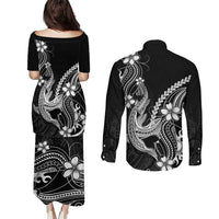 Black Aloha Hawaii Couples Matching Puletasi and Long Sleeve Button Shirt Polynesian Shark Tattoo With Plumeria LT14 - Polynesian Pride