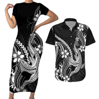 Black Aloha Hawaii Couples Matching Short Sleeve Bodycon Dress and Hawaiian Shirt Polynesian Shark Tattoo With Plumeria - Polynesian Pride