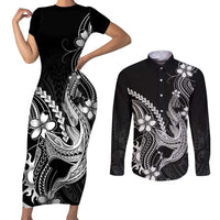 Black Aloha Hawaii Couples Matching Short Sleeve Bodycon Dress and Long Sleeve Button Shirt Polynesian Shark Tattoo With Plumeria - Polynesian Pride