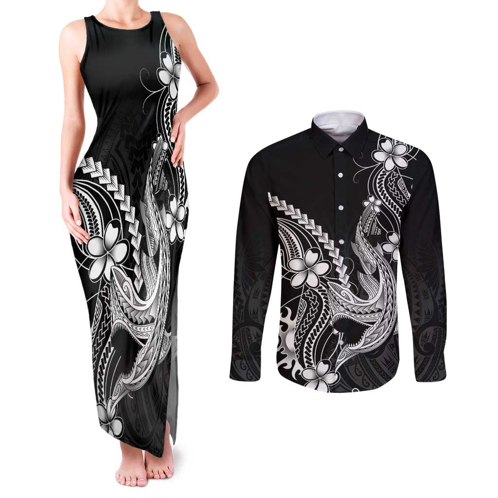 Black Aloha Hawaii Couples Matching Tank Maxi Dress and Long Sleeve Button Shirt Polynesian Shark Tattoo With Plumeria - Polynesian Pride