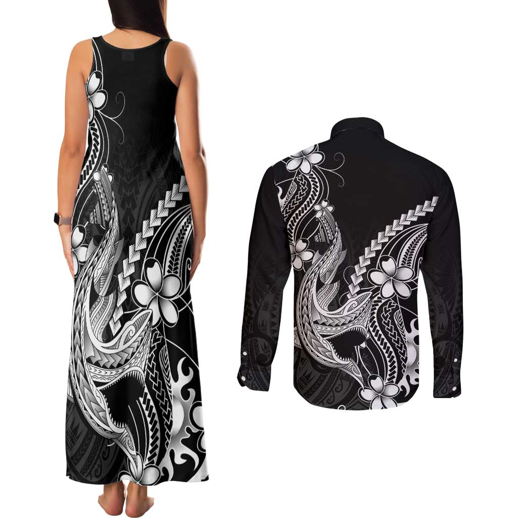 Black Aloha Hawaii Couples Matching Tank Maxi Dress and Long Sleeve Button Shirt Polynesian Shark Tattoo With Plumeria - Polynesian Pride