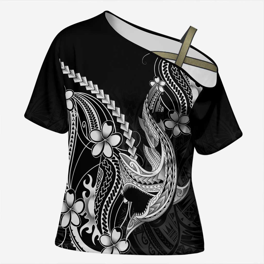 Black Aloha Hawaii Cross Shoulder Shirt Polynesian Shark Tattoo With Plumeria LT14 Female Black - Polynesian Pride