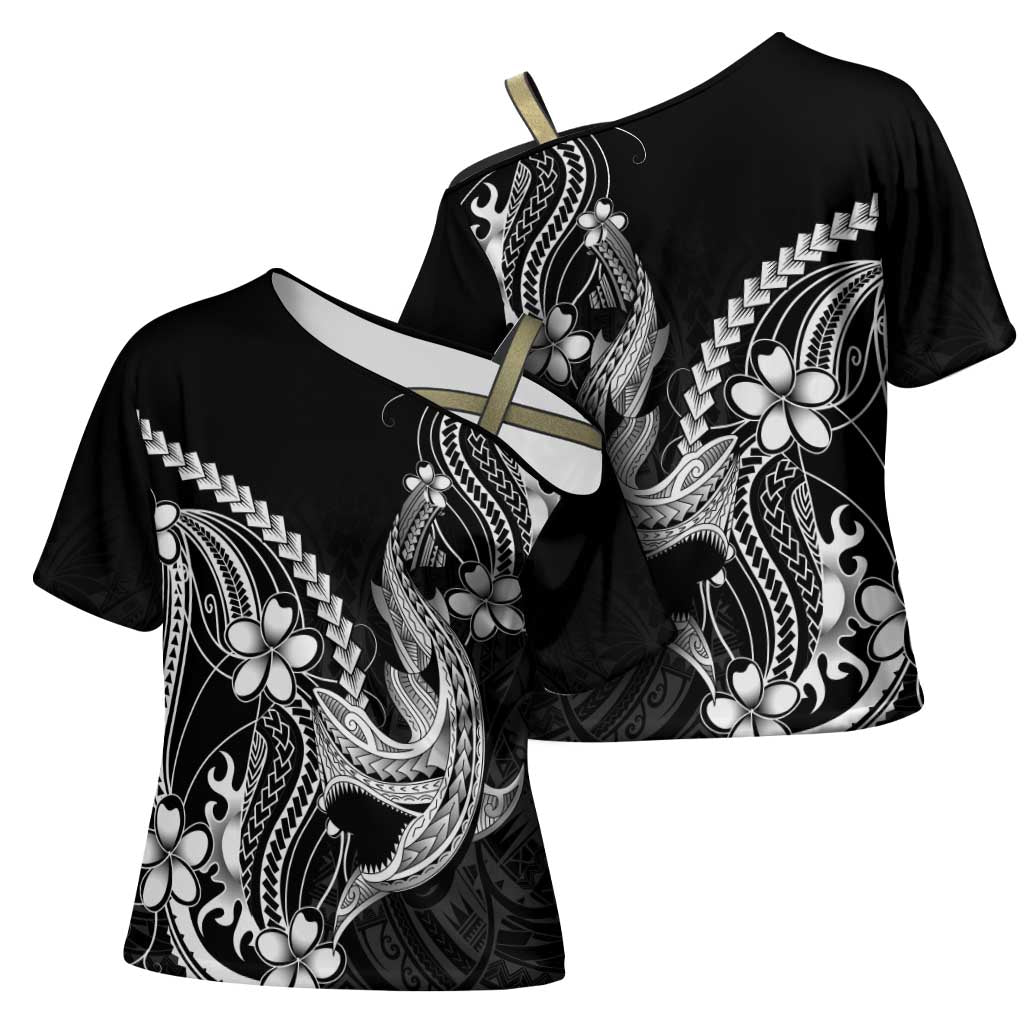 Black Aloha Hawaii Cross Shoulder Shirt Polynesian Shark Tattoo With Plumeria LT14 - Polynesian Pride