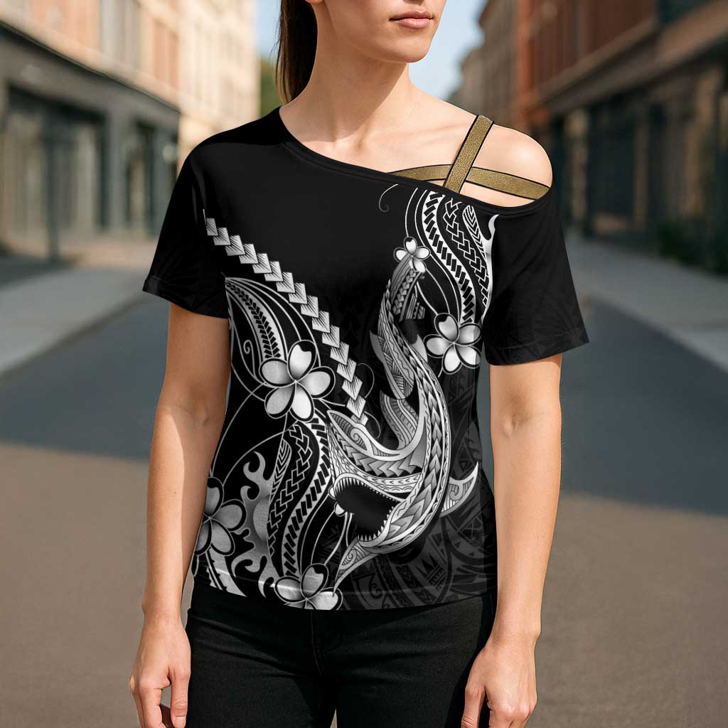 Black Aloha Hawaii Cross Shoulder Shirt Polynesian Shark Tattoo With Plumeria LT14 - Polynesian Pride