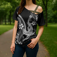 Black Aloha Hawaii Cross Shoulder Shirt Polynesian Shark Tattoo With Plumeria LT14 - Polynesian Pride