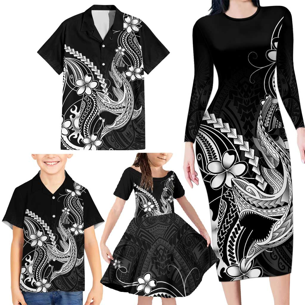 Black Aloha Hawaii Family Matching Long Sleeve Bodycon Dress and Hawaiian Shirt Polynesian Shark Tattoo With Plumeria - Polynesian Pride