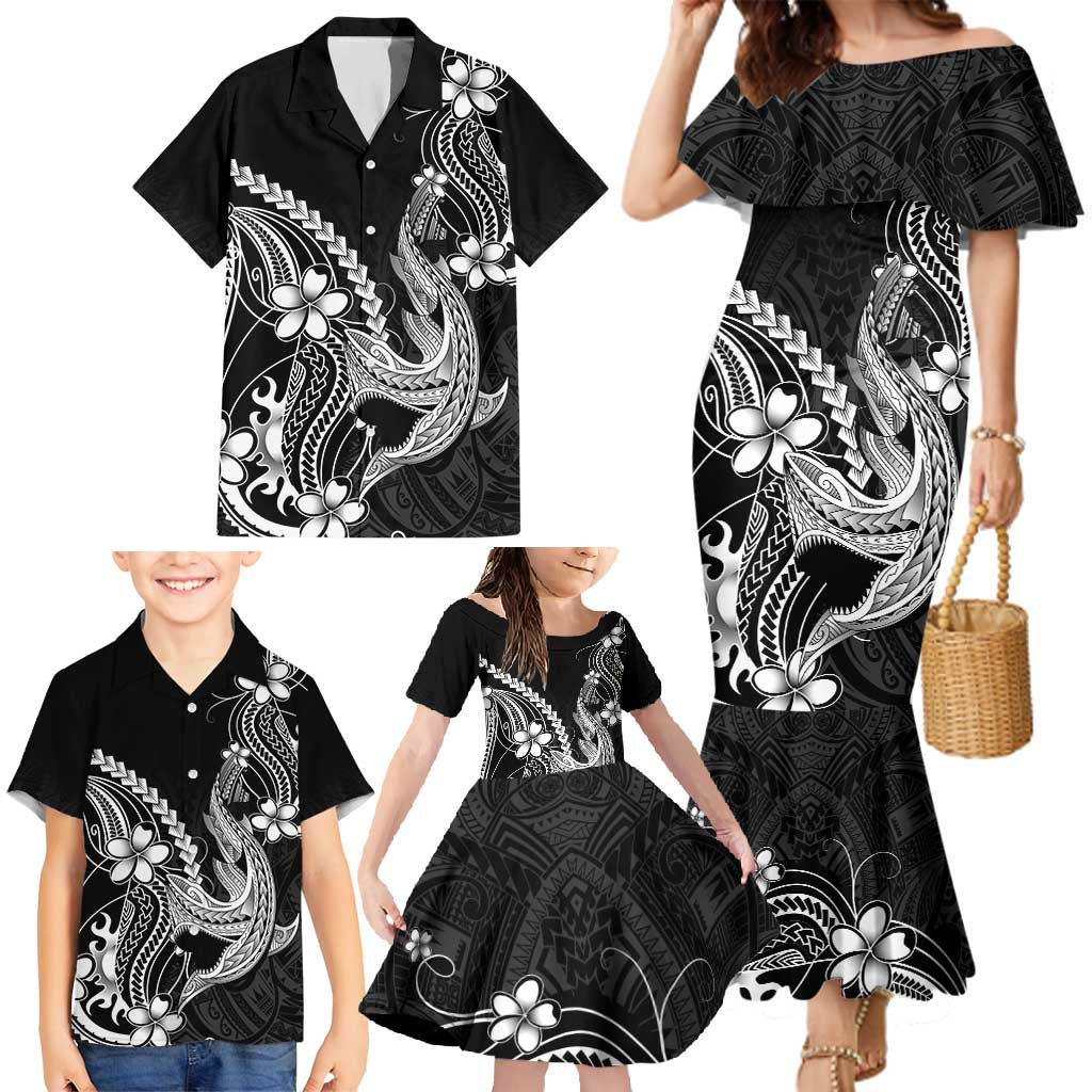 Black Aloha Hawaii Family Matching Mermaid Dress and Hawaiian Shirt Polynesian Shark Tattoo With Plumeria - Polynesian Pride