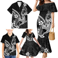 Black Aloha Hawaii Family Matching Mermaid Dress and Hawaiian Shirt Polynesian Shark Tattoo With Plumeria - Polynesian Pride