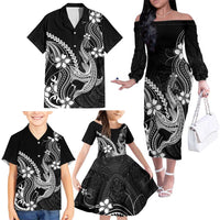 Black Aloha Hawaii Family Matching Off The Shoulder Long Sleeve Dress and Hawaiian Shirt Polynesian Shark Tattoo With Plumeria - Polynesian Pride