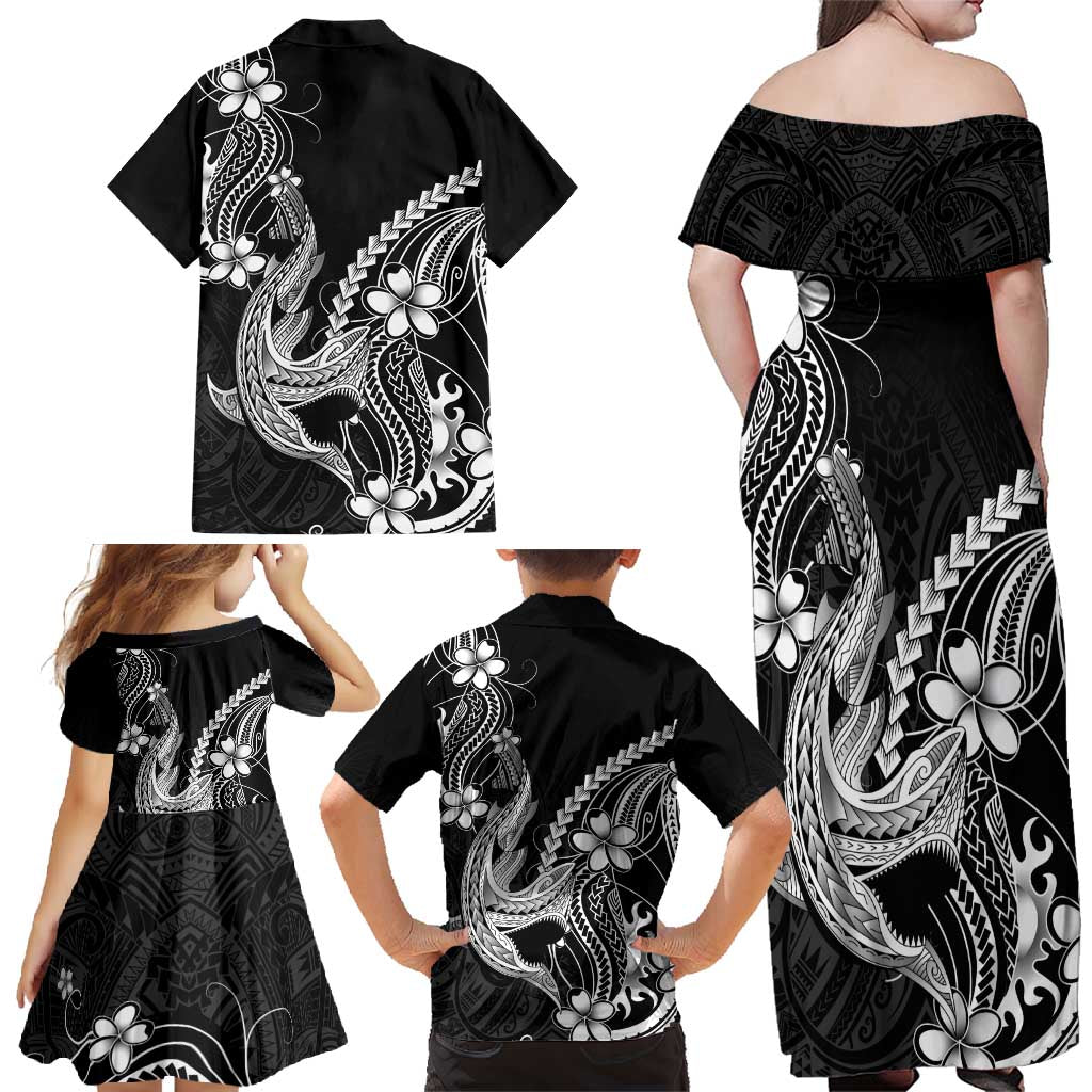 Black Aloha Hawaii Family Matching Off Shoulder Maxi Dress and Hawaiian Shirt Polynesian Shark Tattoo With Plumeria - Polynesian Pride