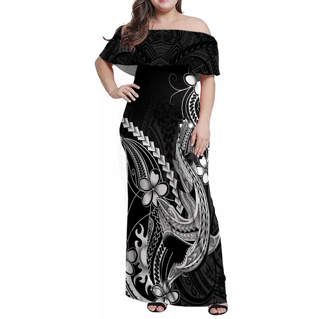 Black Aloha Hawaii Family Matching Off Shoulder Maxi Dress and Hawaiian Shirt Polynesian Shark Tattoo With Plumeria - Polynesian Pride
