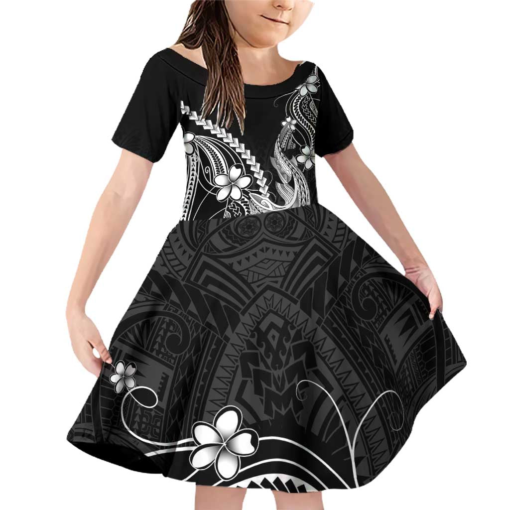 Black Aloha Hawaii Family Matching Off Shoulder Short Dress and Hawaiian Shirt Polynesian Shark Tattoo With Plumeria - Polynesian Pride