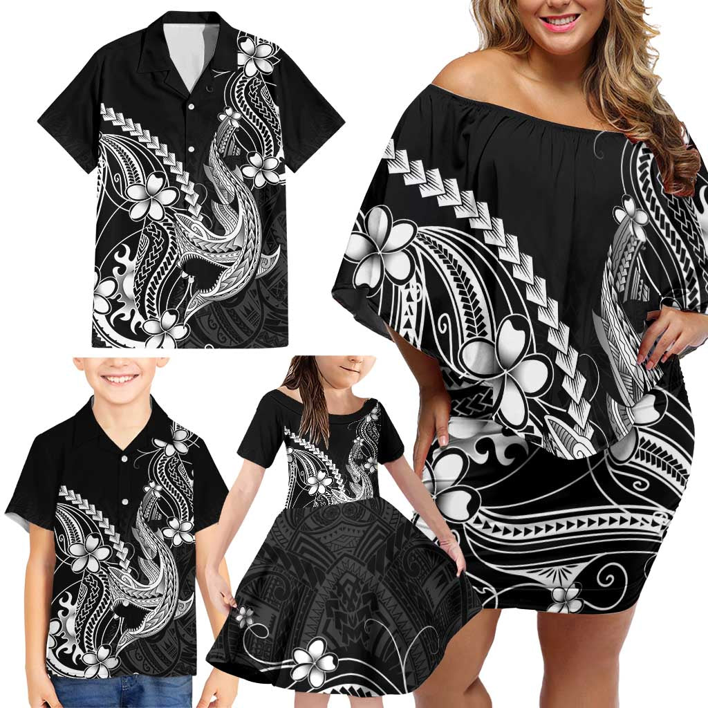 Black Aloha Hawaii Family Matching Off Shoulder Short Dress and Hawaiian Shirt Polynesian Shark Tattoo With Plumeria - Polynesian Pride
