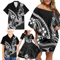 Black Aloha Hawaii Family Matching Off Shoulder Short Dress and Hawaiian Shirt Polynesian Shark Tattoo With Plumeria - Polynesian Pride