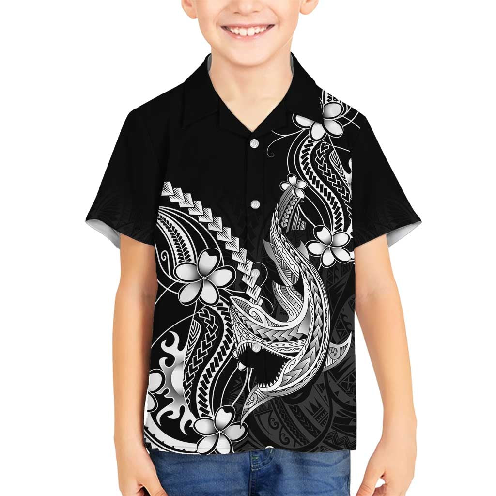 Black Aloha Hawaii Family Matching Off Shoulder Short Dress and Hawaiian Shirt Polynesian Shark Tattoo With Plumeria - Polynesian Pride