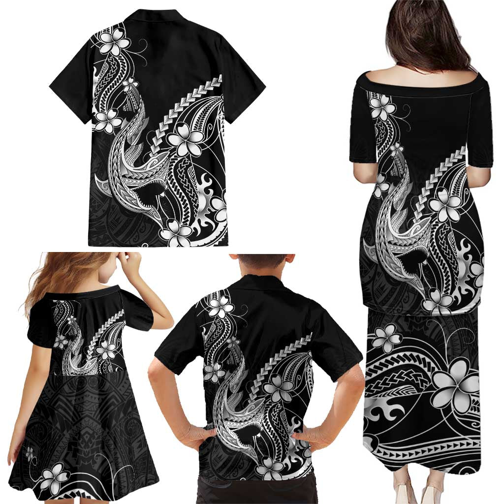 Black Aloha Hawaii Family Matching Puletasi and Hawaiian Shirt Polynesian Shark Tattoo With Plumeria - Polynesian Pride