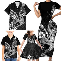 Black Aloha Hawaii Family Matching Short Sleeve Bodycon Dress and Hawaiian Shirt Polynesian Shark Tattoo With Plumeria - Polynesian Pride