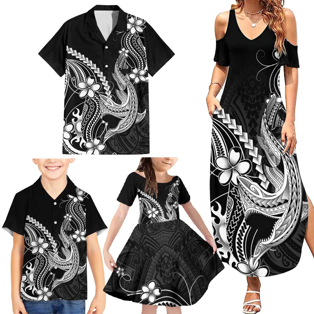 Black Aloha Hawaii Family Matching Summer Maxi Dress and Hawaiian Shirt Polynesian Shark Tattoo With Plumeria - Polynesian Pride