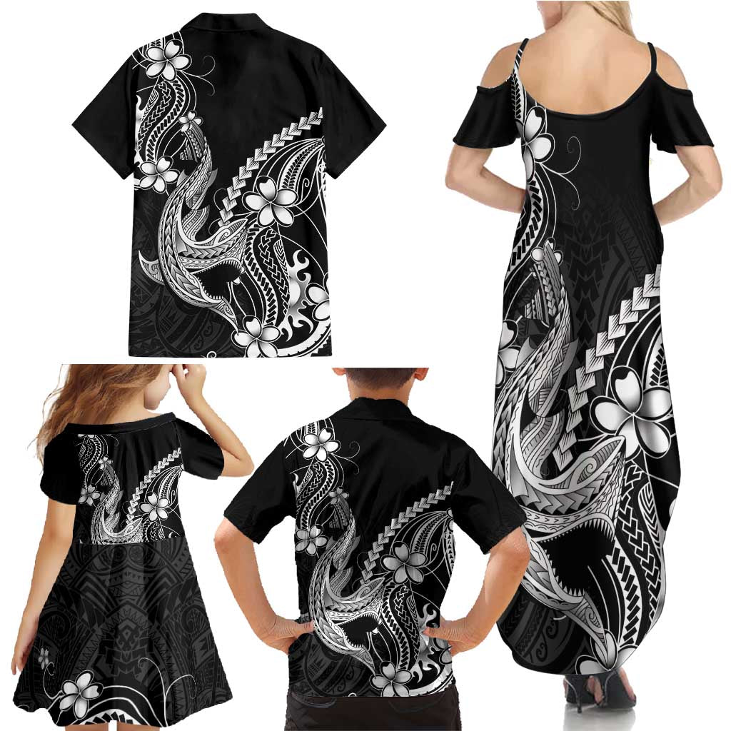 Black Aloha Hawaii Family Matching Summer Maxi Dress and Hawaiian Shirt Polynesian Shark Tattoo With Plumeria - Polynesian Pride