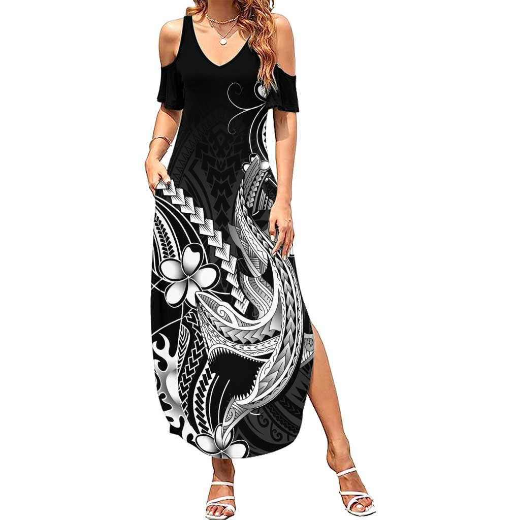 Black Aloha Hawaii Family Matching Summer Maxi Dress and Hawaiian Shirt Polynesian Shark Tattoo With Plumeria - Polynesian Pride
