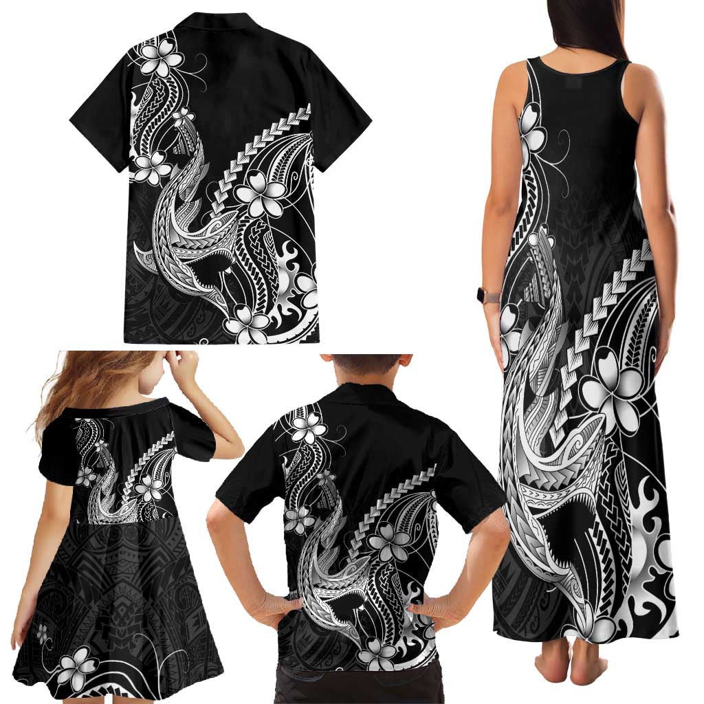 Black Aloha Hawaii Family Matching Tank Maxi Dress and Hawaiian Shirt Polynesian Shark Tattoo With Plumeria - Polynesian Pride