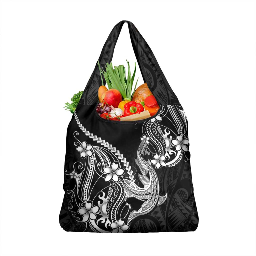 Black Aloha Hawaii Grocery Bag Polynesian Shark Tattoo With Plumeria - Polynesian Pride
