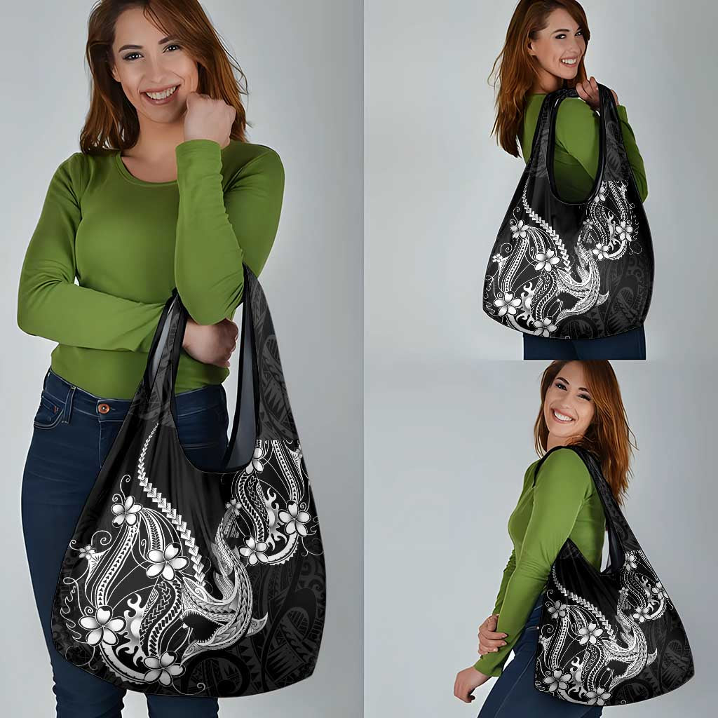 Black Aloha Hawaii Grocery Bag Polynesian Shark Tattoo With Plumeria - Polynesian Pride