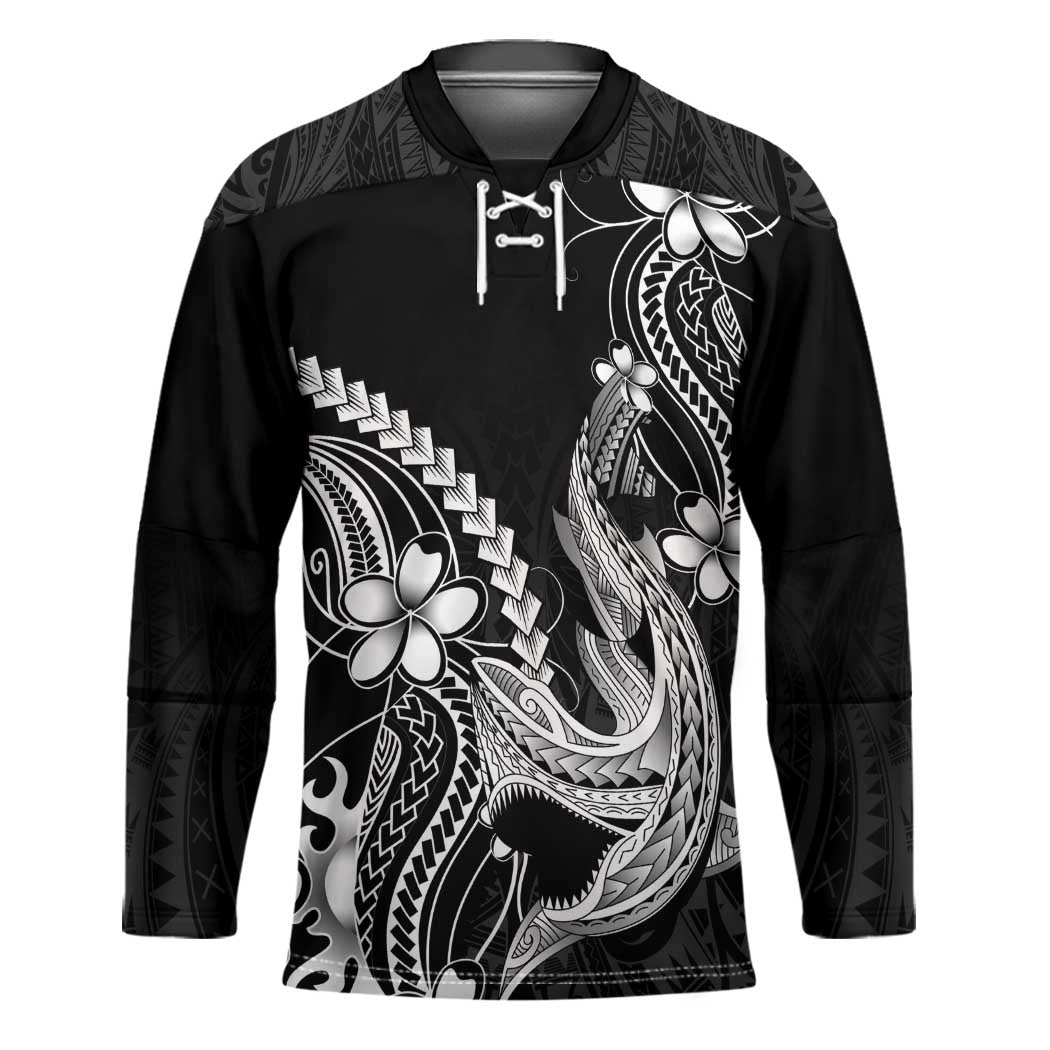 Black Aloha Hawaii Hockey Jersey Polynesian Shark Tattoo With Plumeria - Polynesian Pride
