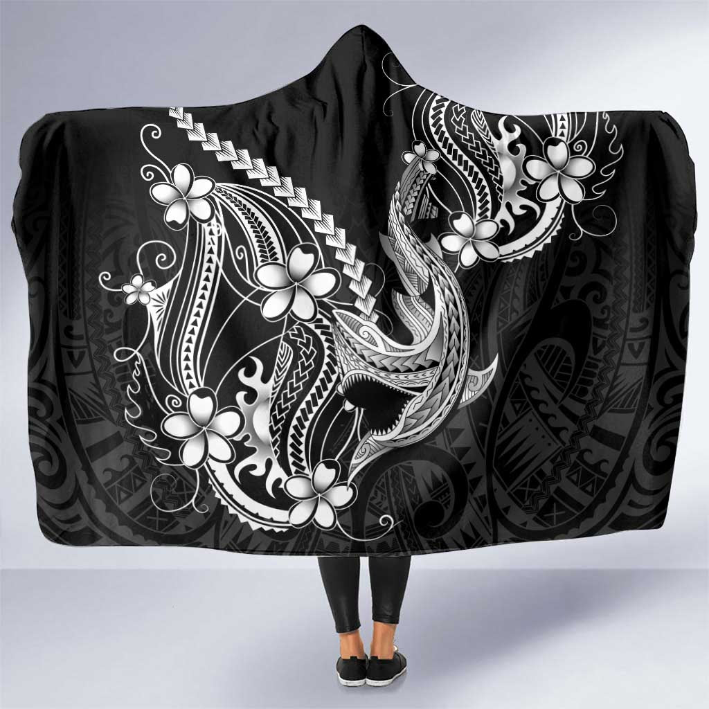 Black Aloha Hawaii Hooded Blanket Polynesian Shark Tattoo With Plumeria LT14 One Size Black - Polynesian Pride