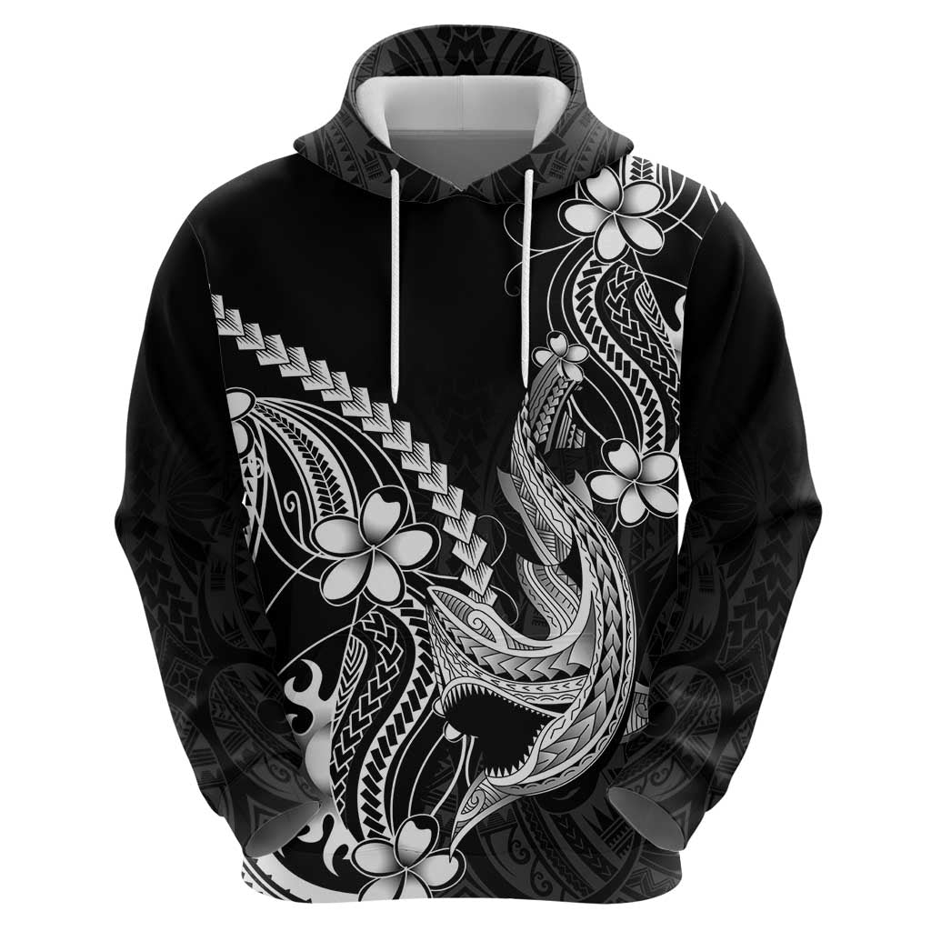 Black Aloha Hawaii Hoodie Polynesian Shark Tattoo With Plumeria - Polynesian Pride