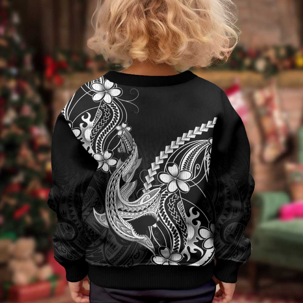 Black Aloha Hawaii Kid Ugly Christmas Sweater Polynesian Shark Tattoo With Plumeria - Polynesian Pride