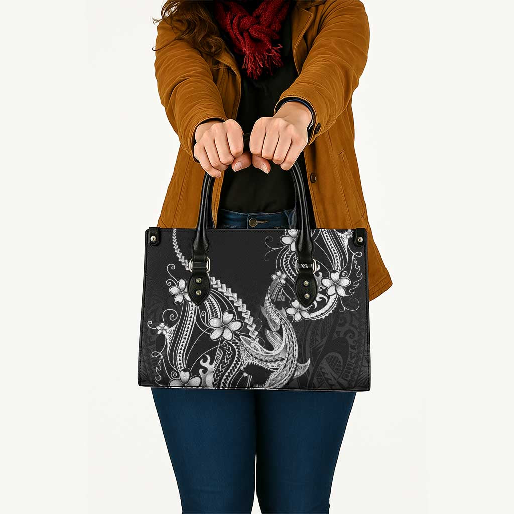 Black Aloha Hawaii Leather Bag Polynesian Shark Tattoo With Plumeria - Polynesian Pride