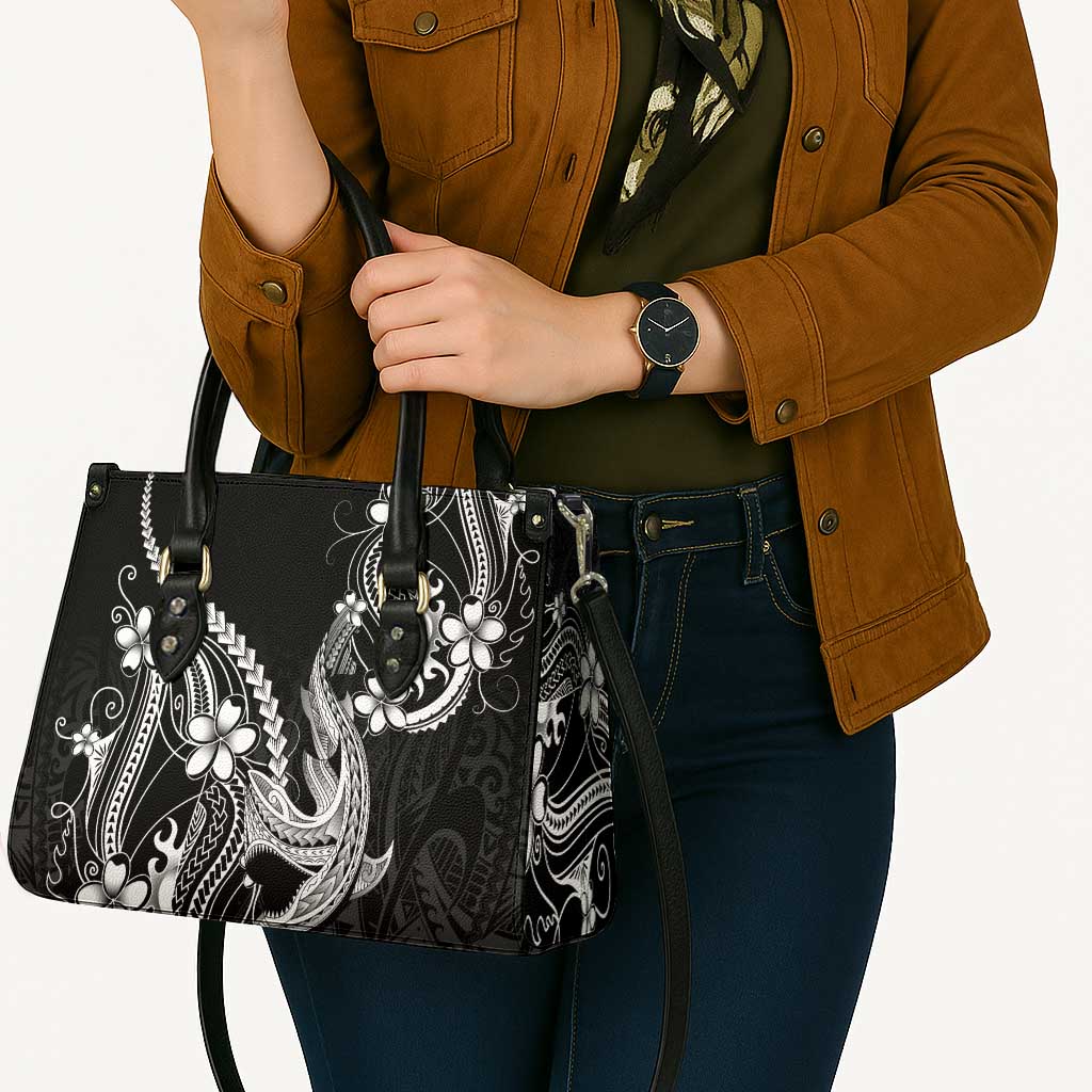 Black Aloha Hawaii Leather Bag Polynesian Shark Tattoo With Plumeria - Polynesian Pride