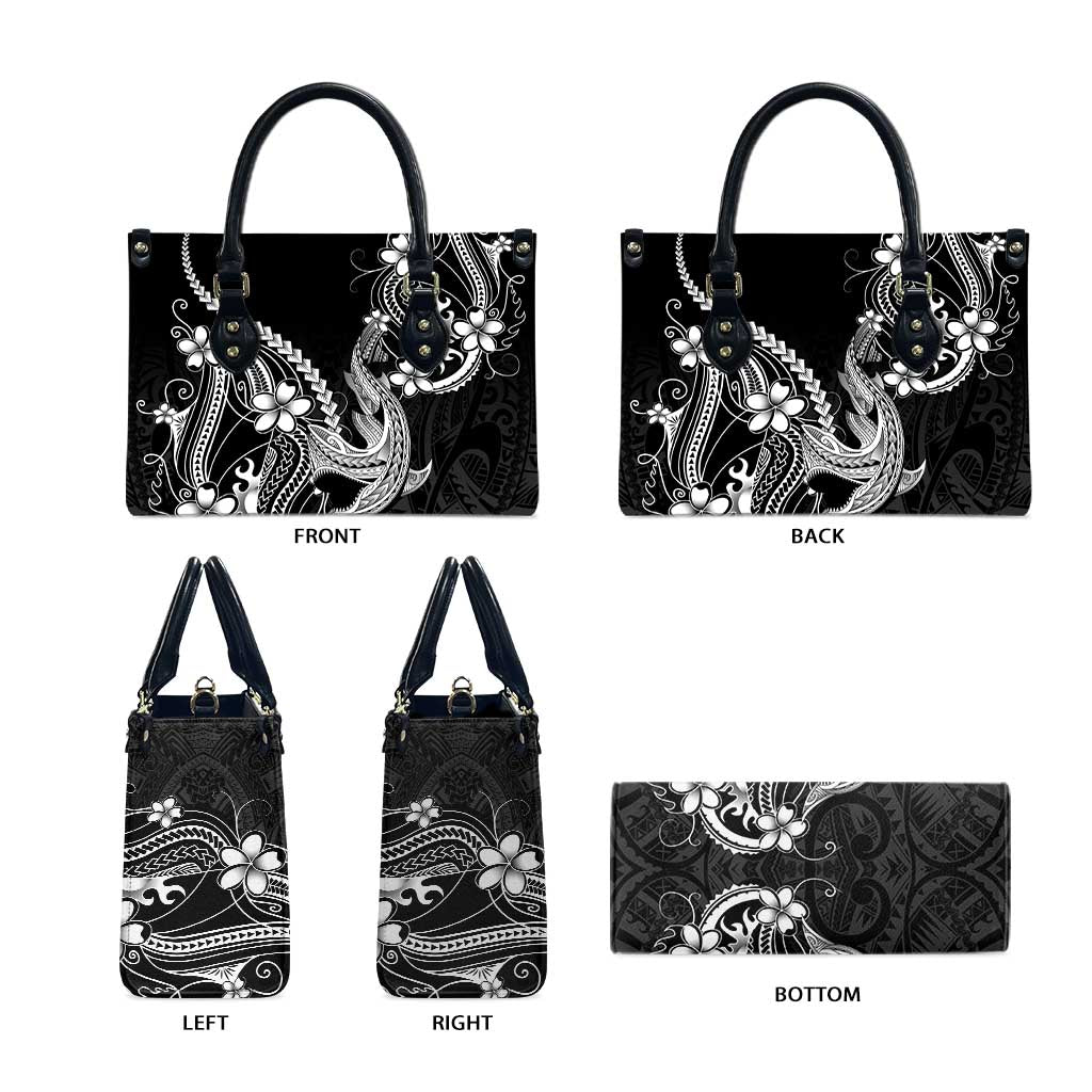 Black Aloha Hawaii Leather Bag Polynesian Shark Tattoo With Plumeria - Polynesian Pride