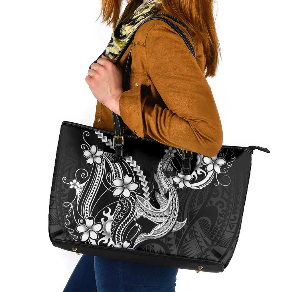 Black Aloha Hawaii Leather Tote Bag Polynesian Shark Tattoo With Plumeria - Polynesian Pride