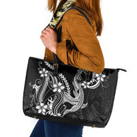 Black Aloha Hawaii Leather Tote Bag Polynesian Shark Tattoo With Plumeria - Polynesian Pride