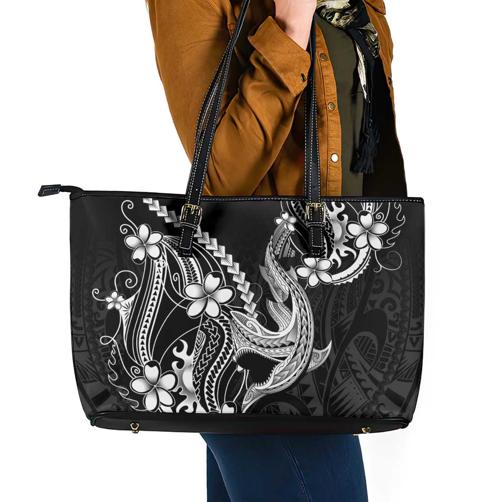 Black Aloha Hawaii Leather Tote Bag Polynesian Shark Tattoo With Plumeria - Polynesian Pride